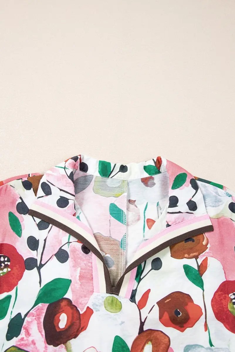 Accessories Love Salve Pink Floral Blouse Women's Daily Summer Top V Neck & Slit Detail
