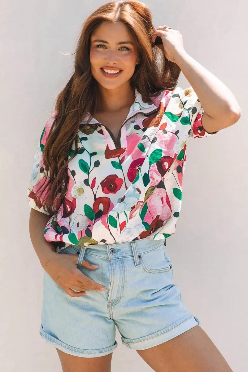 Accessories Love Salve Pink Floral Blouse Women's Daily Summer Top V Neck & Slit Detail