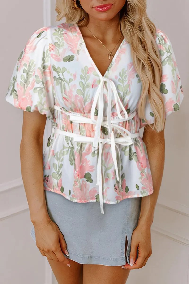 Accessories Love Salve Pink Floral Blouse Women's Summer Top V-Neck Peplum Puff Sleeve