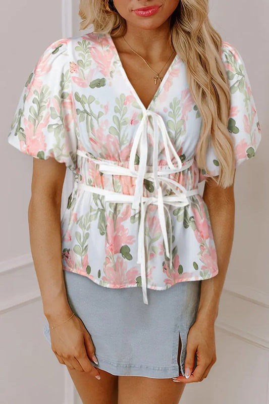 Accessories Love Salve Pink Floral Blouse Women's Summer Top V-Neck Peplum Puff Sleeve