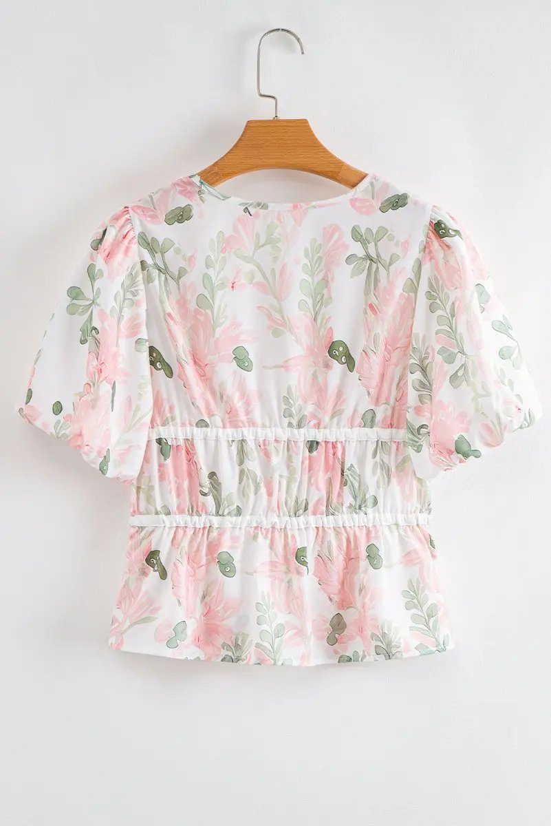 Accessories Love Salve Pink Floral Blouse Women's Summer Top V-Neck Peplum Puff Sleeve