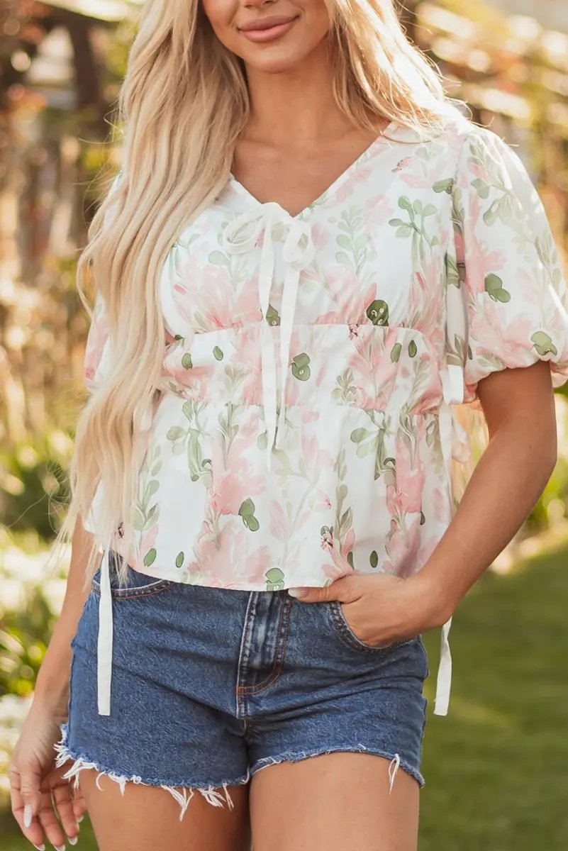 Accessories Love Salve Pink Floral Blouse Women's Summer Top V-Neck Peplum Puff Sleeve
