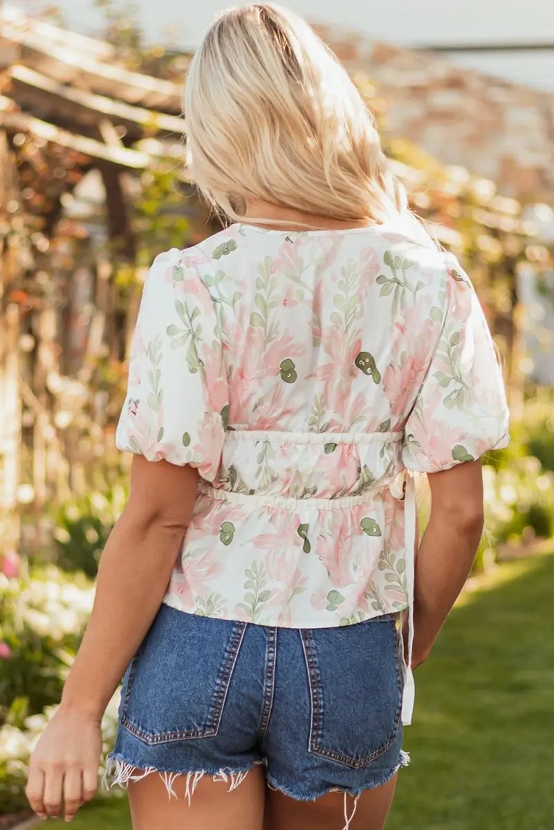 Accessories Love Salve Pink Floral Blouse Women's Summer Top V-Neck Peplum Puff Sleeve