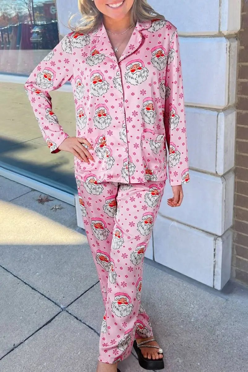 Pants Love Salve Pink Satin Pajamas Women's Christmas Loungewear Set - Soft & Comfy