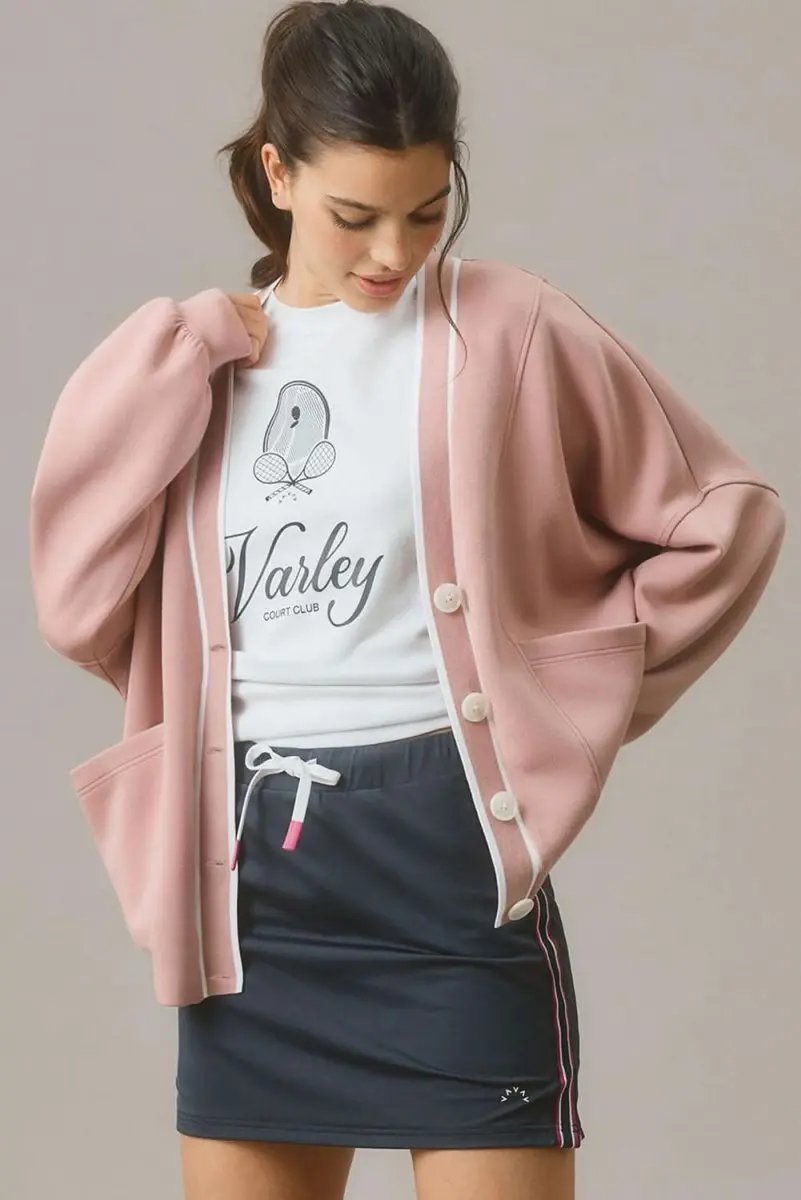 Sweaters Love Salve Pink Striped Cardigan Women's Daily Wear Knitwear: Oversized & Pockets