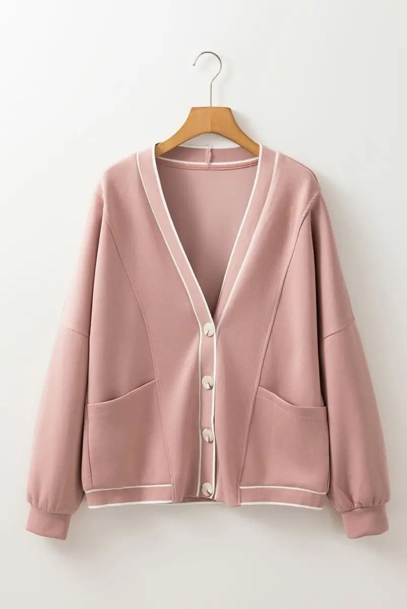Sweaters Love Salve Pink Striped Cardigan Women's Daily Wear Knitwear: Oversized & Pockets