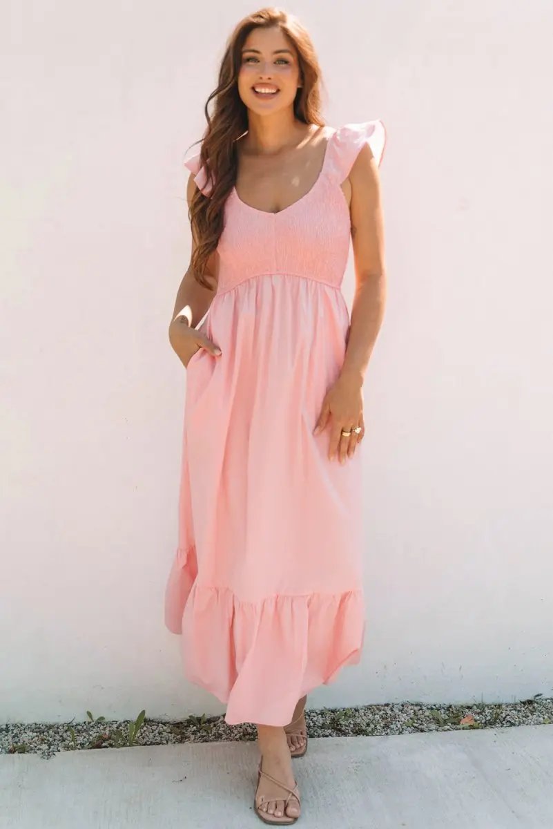 Dresses Love Salve Pink Maxi Dress Women's Vacation Wedding A-Line Smocked Dress
