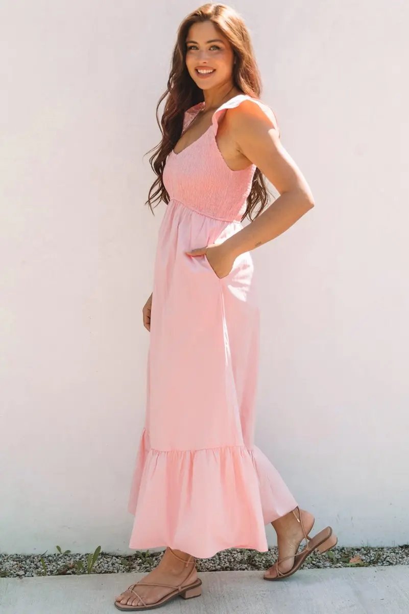 Dresses Love Salve Pink Maxi Dress Women's Vacation Wedding A-Line Smocked Dress