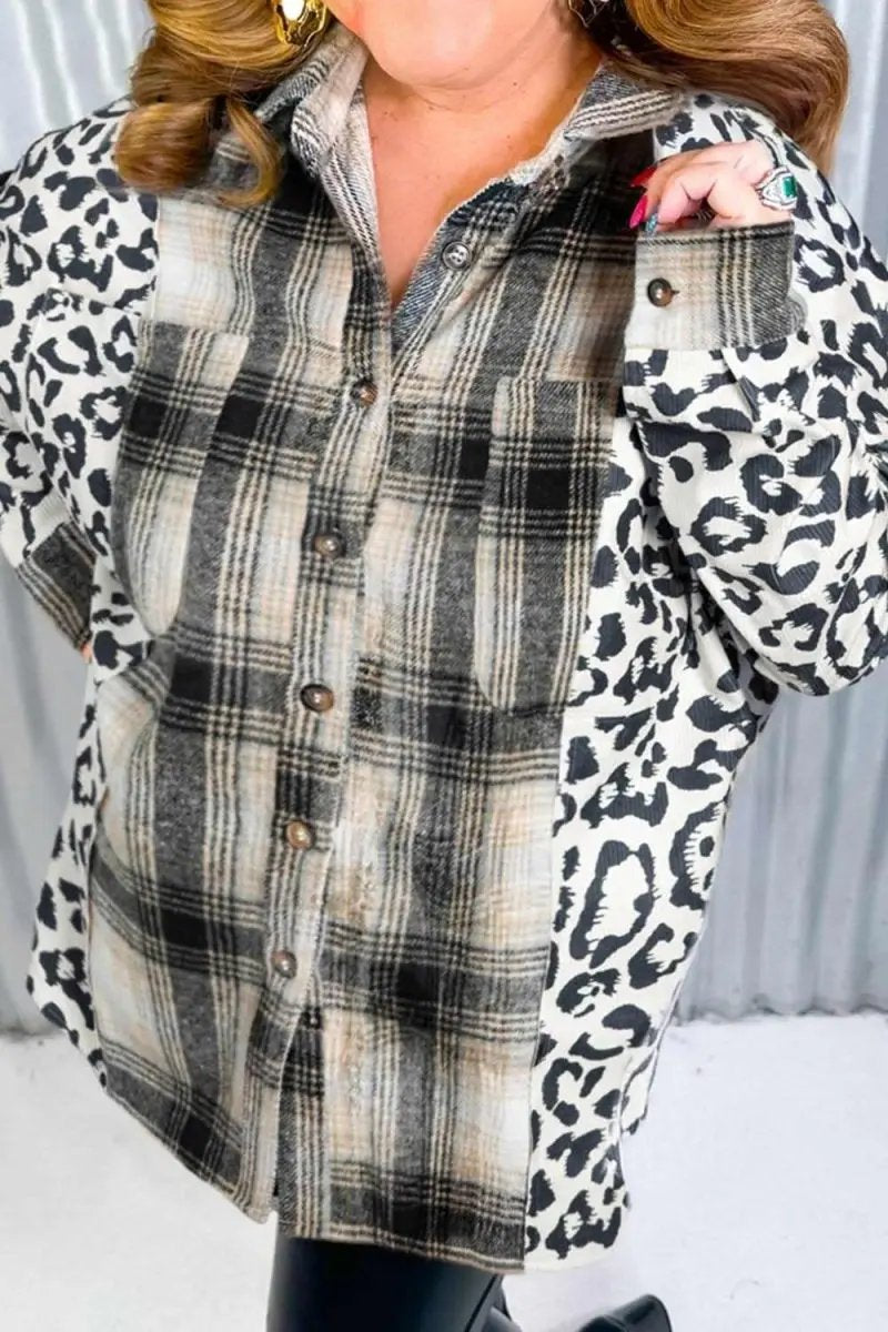 Trendsi Women's Plus Size Shacket Leopard Plaid Button Up — Casual Outerwear
