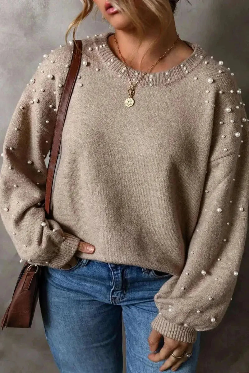 Women's Plus Size Sweater - Pearl Detail Round Neck - Chic & Comfy