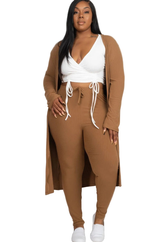Plus Size Brown Ribbed Long Cardigan & Legging Set