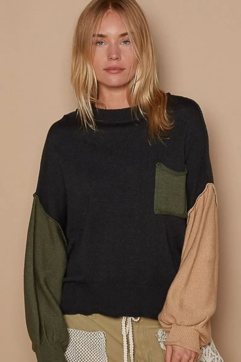 T-Shirts Trendsi Color Block Hacci Sweater Women's Casual Knit Top - Soft & USA Shipped