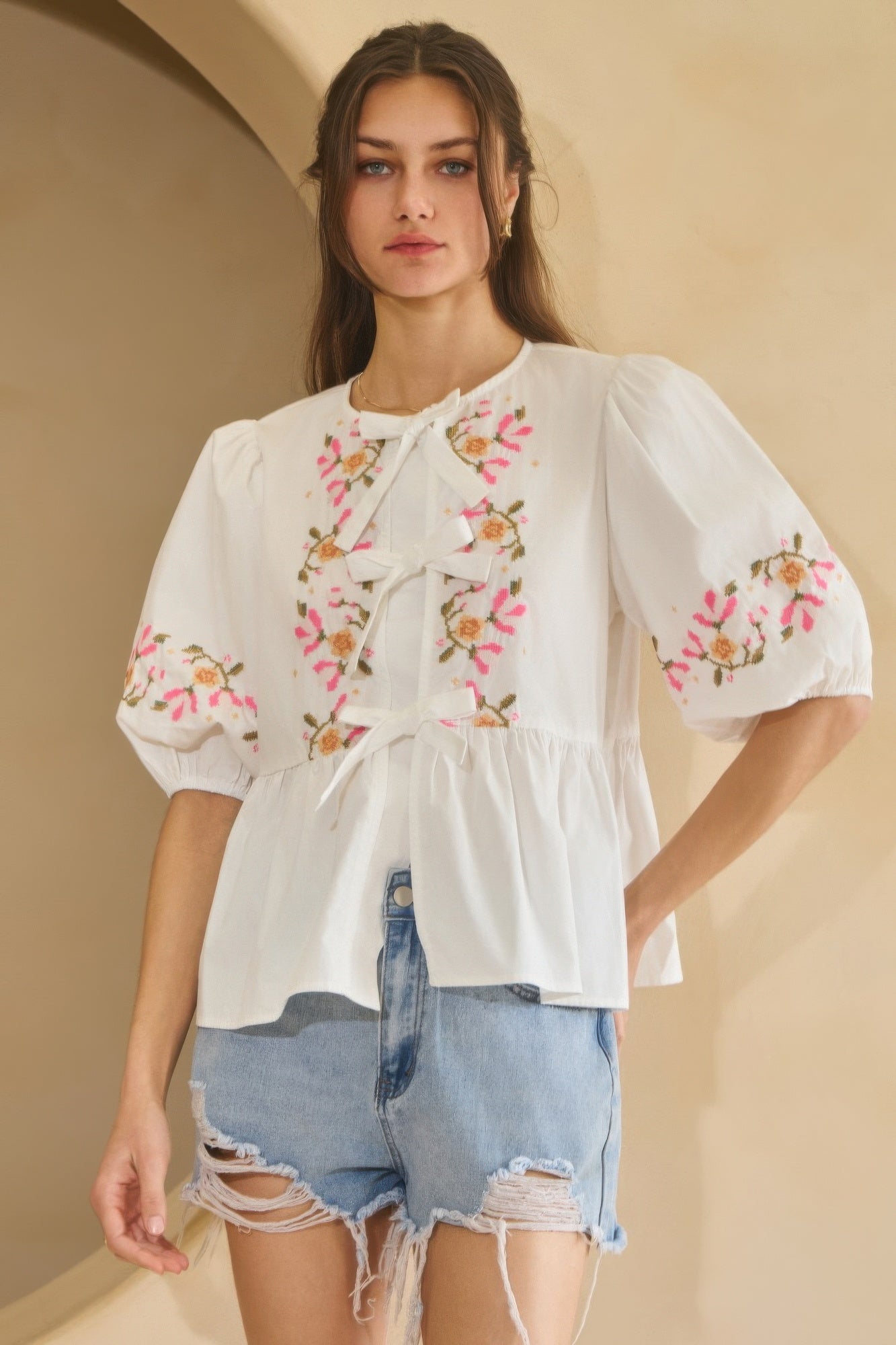 Poplin Front Ribbon Tie Blouse