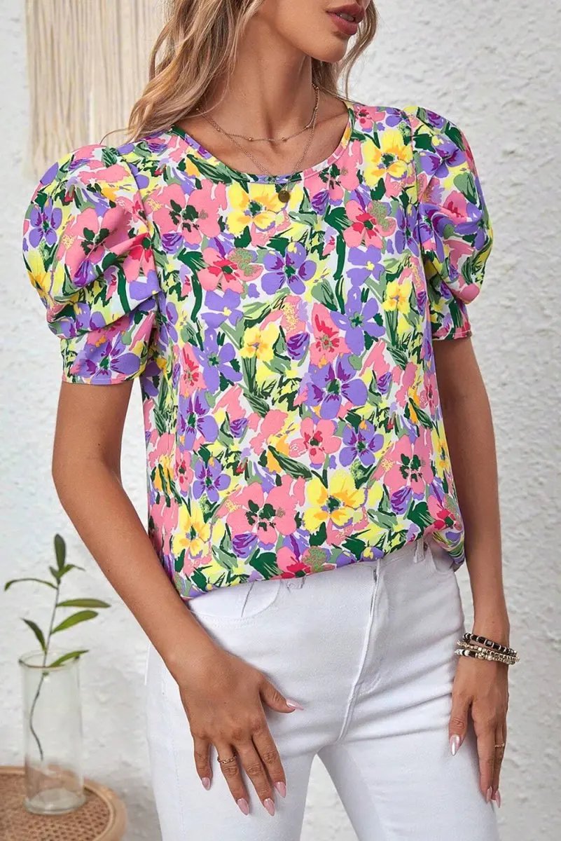 Women's Blouse Women's Purple Floral Blouse - Puff Sleeve - Southern Belle Style