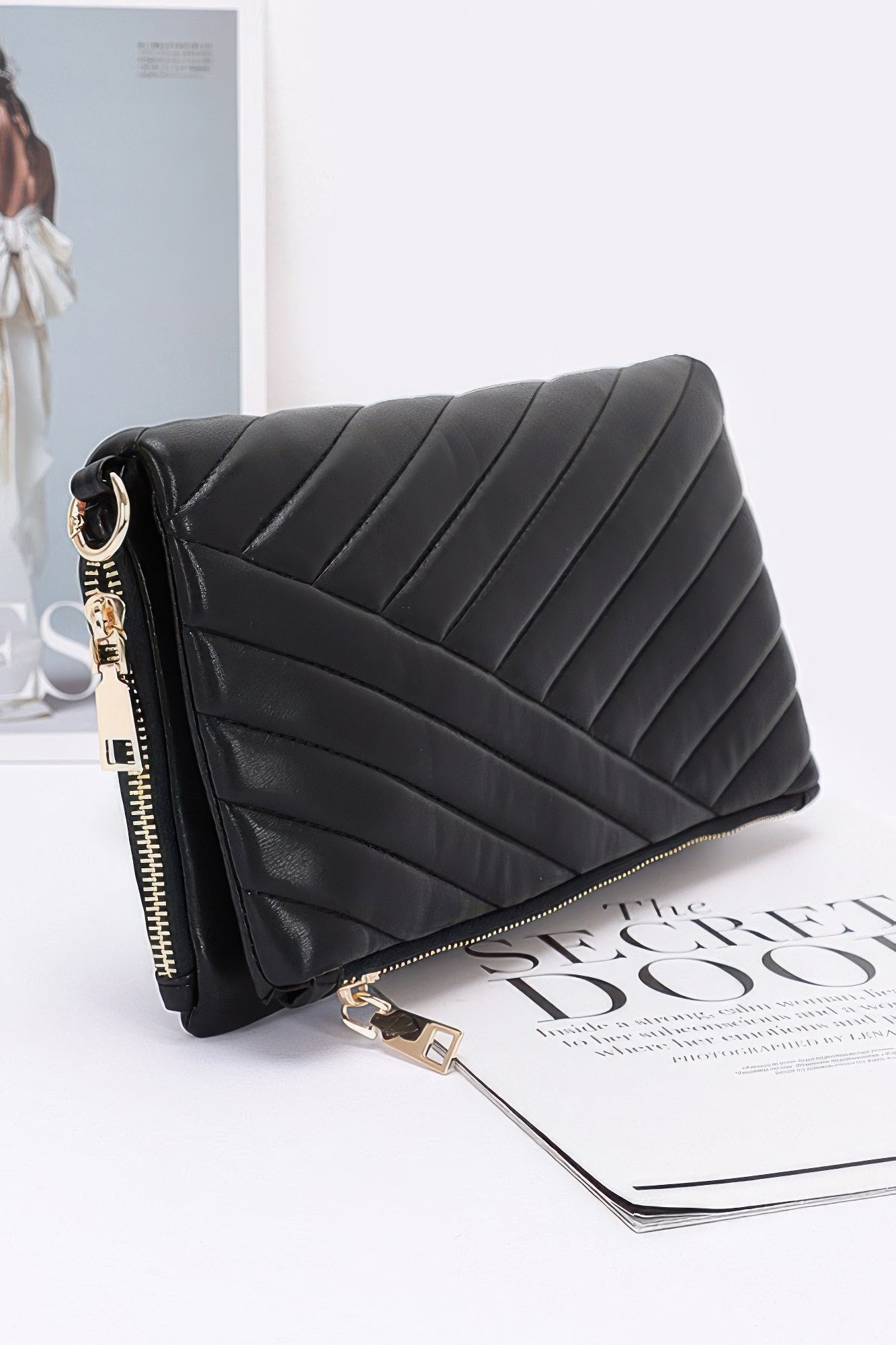 Quilted Faux Leather Half Folded Cltuch