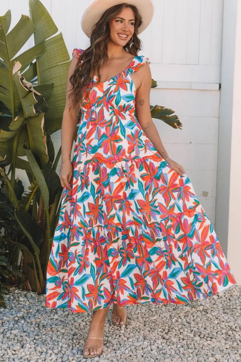 Women's Maxi Dresses Maxi Dress - Red Floral V Neck Ruffle - Summer Beach