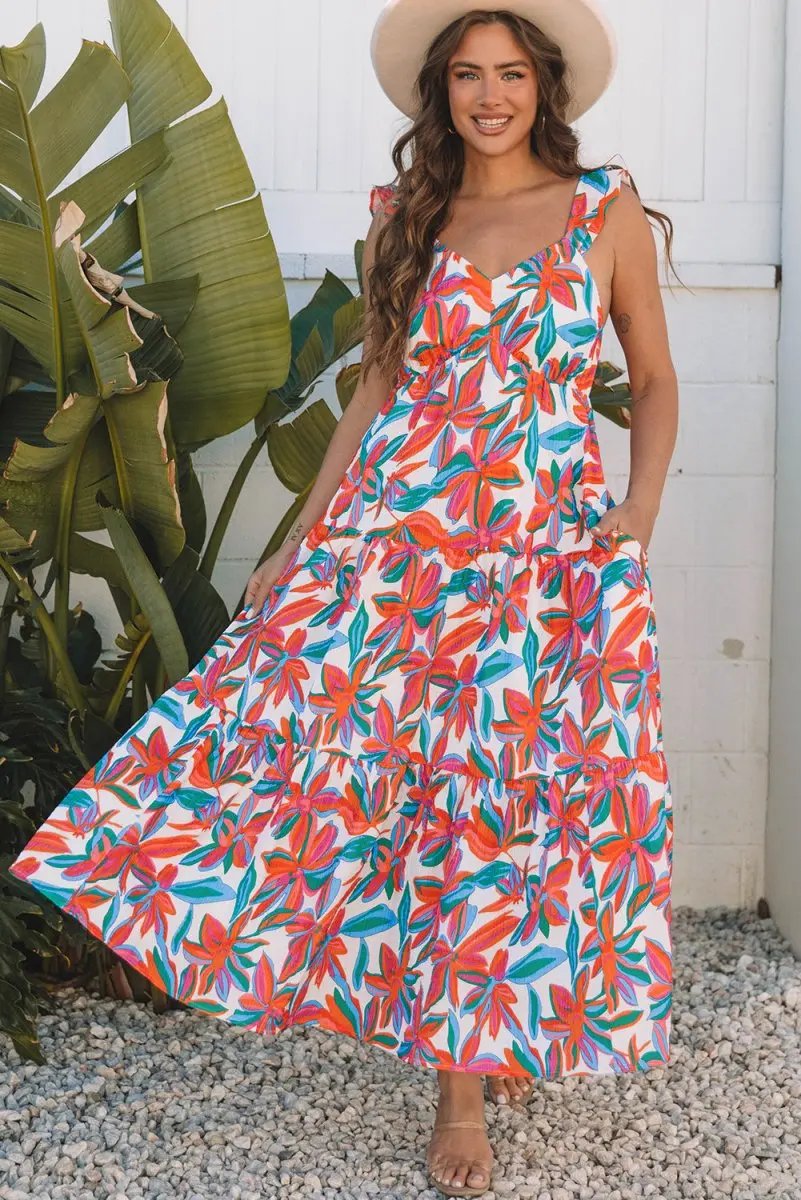 Women's Maxi Dresses Maxi Dress - Red Floral V Neck Ruffle - Summer Beach