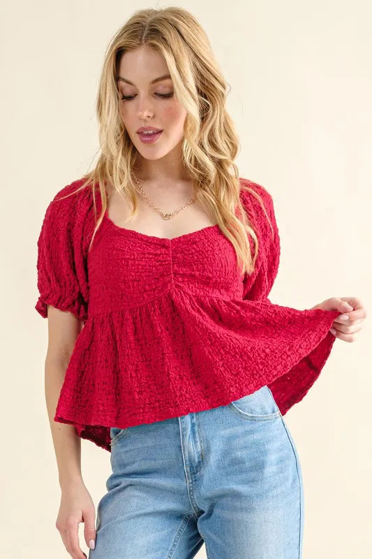 Red Lovely Textured and Smocked Top