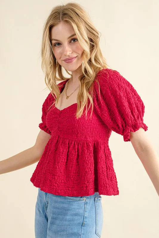 Red Lovely Textured and Smocked Top