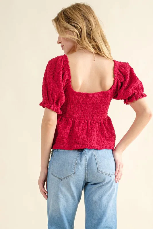 Red Lovely Textured and Smocked Top