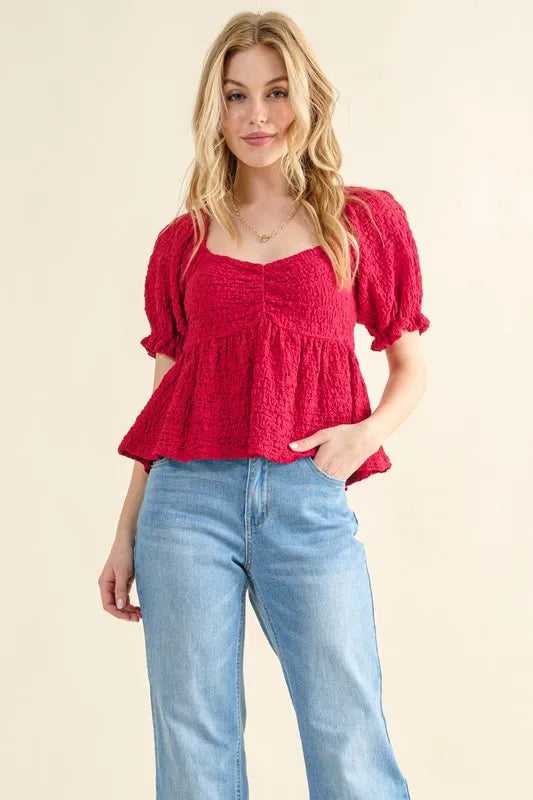 Red Lovely Textured and Smocked Top