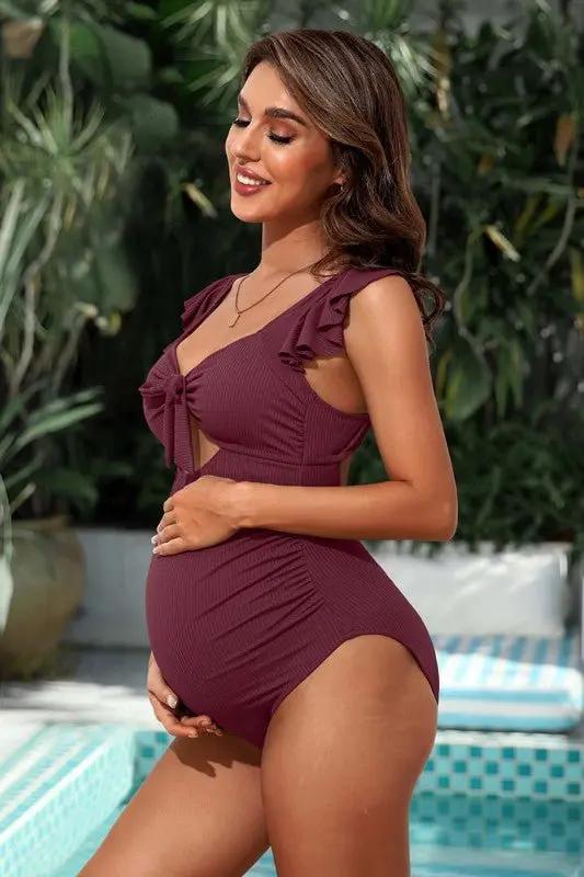 Maternity Swimwear Maternity Swimsuit - Ribbed Ruched Tie Knot Cutout - One-Piece