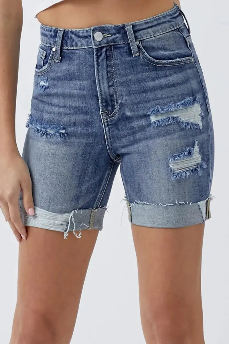 Women's Distressed Denim Shorts Distressed Denim Shorts - Rolled Hem Pockets - Casual