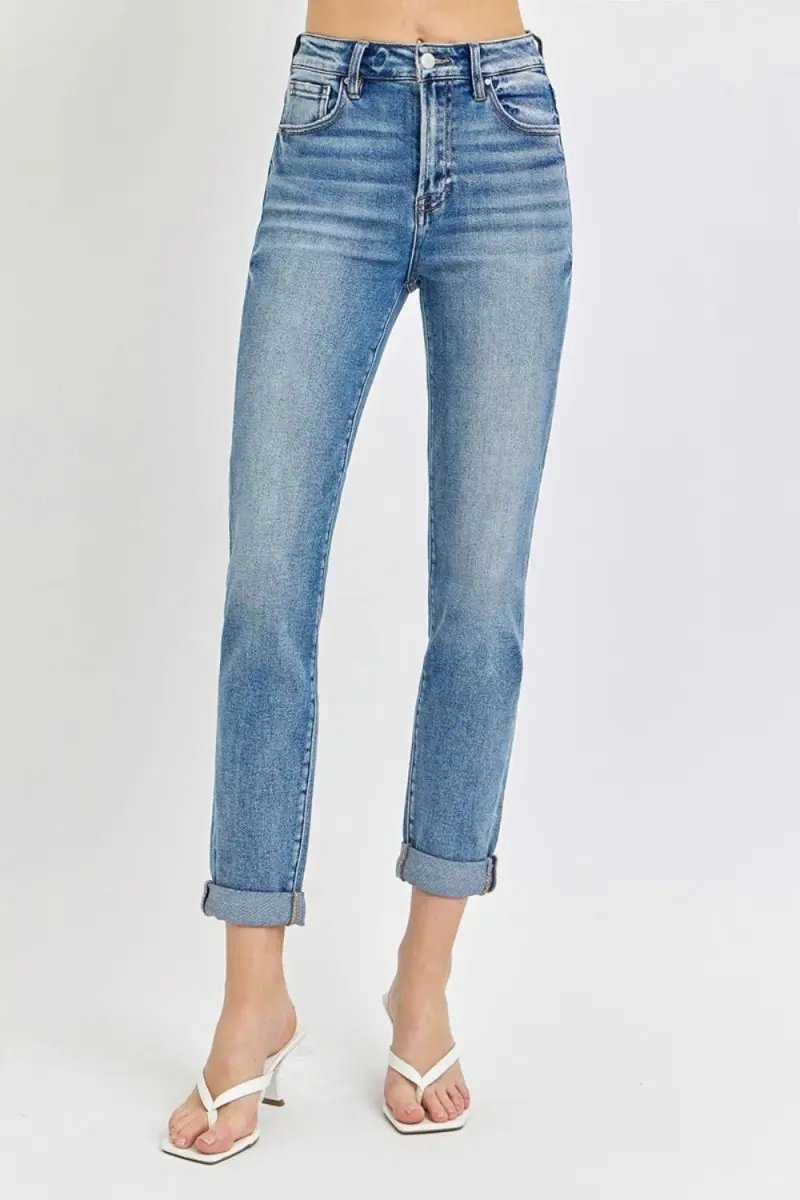Shoes Trendsi Risen Jeans Women's High Rise Cropped Roll Up - Casual Denim, USA Ship