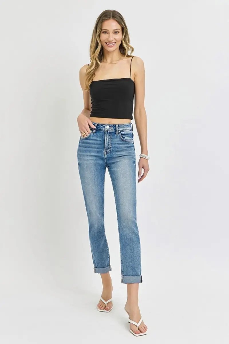 Shoes Trendsi Risen Jeans Women's High Rise Cropped Roll Up - Casual Denim, USA Ship
