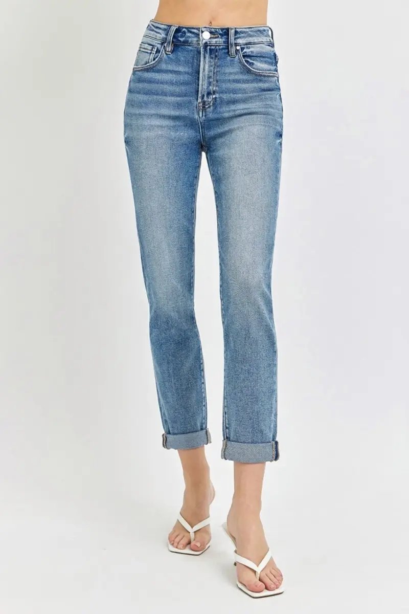 Shoes Trendsi Risen Jeans Women's High Rise Cropped Roll Up - Casual Denim, USA Ship