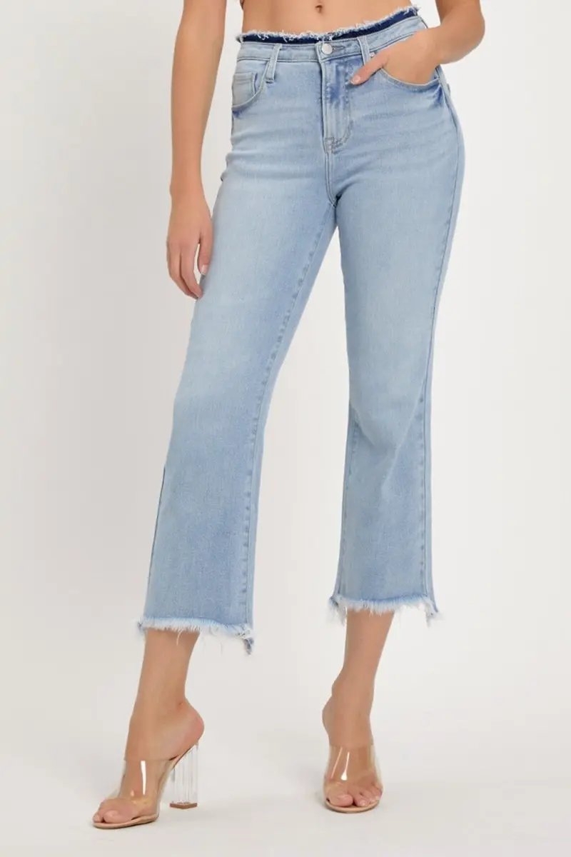 T-Shirts Trendsi RISEN High Rise Jeans Women's Casual Raw Hem Cropped Denim - USA Ship