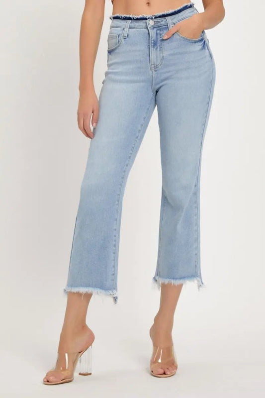 T-Shirts Trendsi RISEN High Rise Jeans Women's Casual Raw Hem Cropped Denim - USA Ship