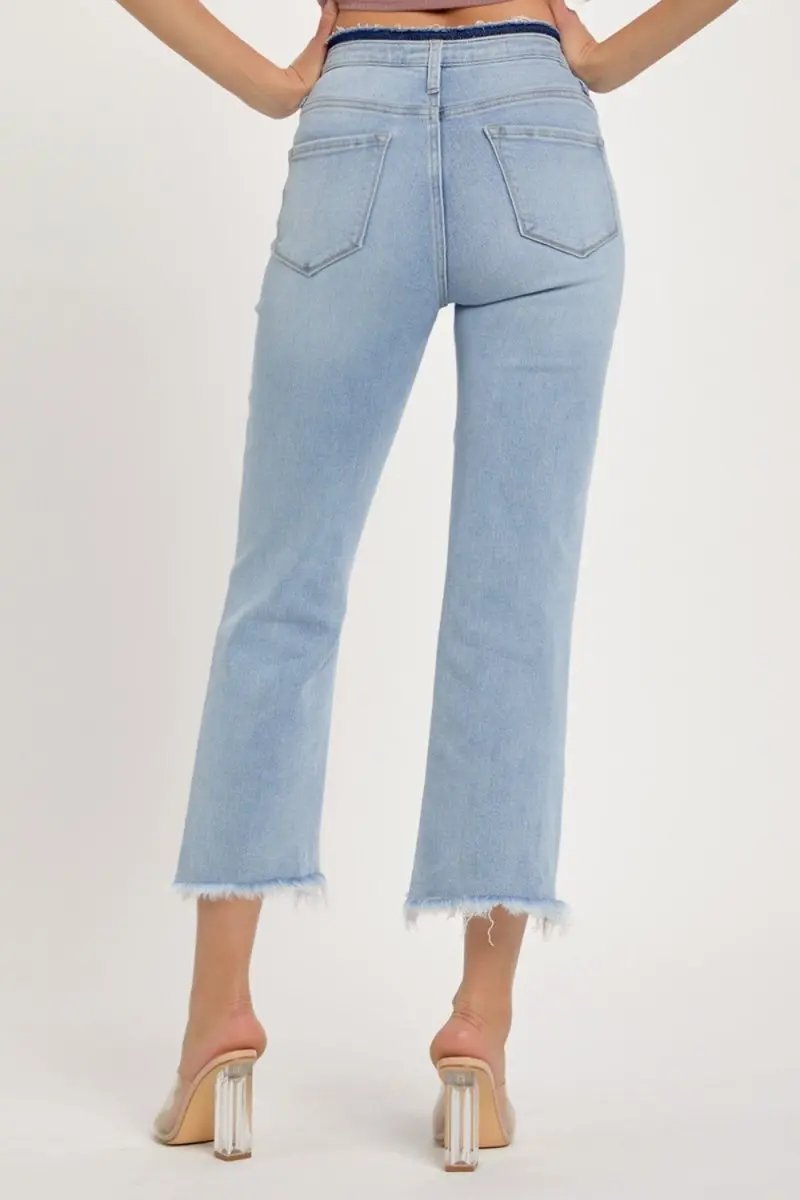 T-Shirts Trendsi RISEN High Rise Jeans Women's Casual Raw Hem Cropped Denim - USA Ship