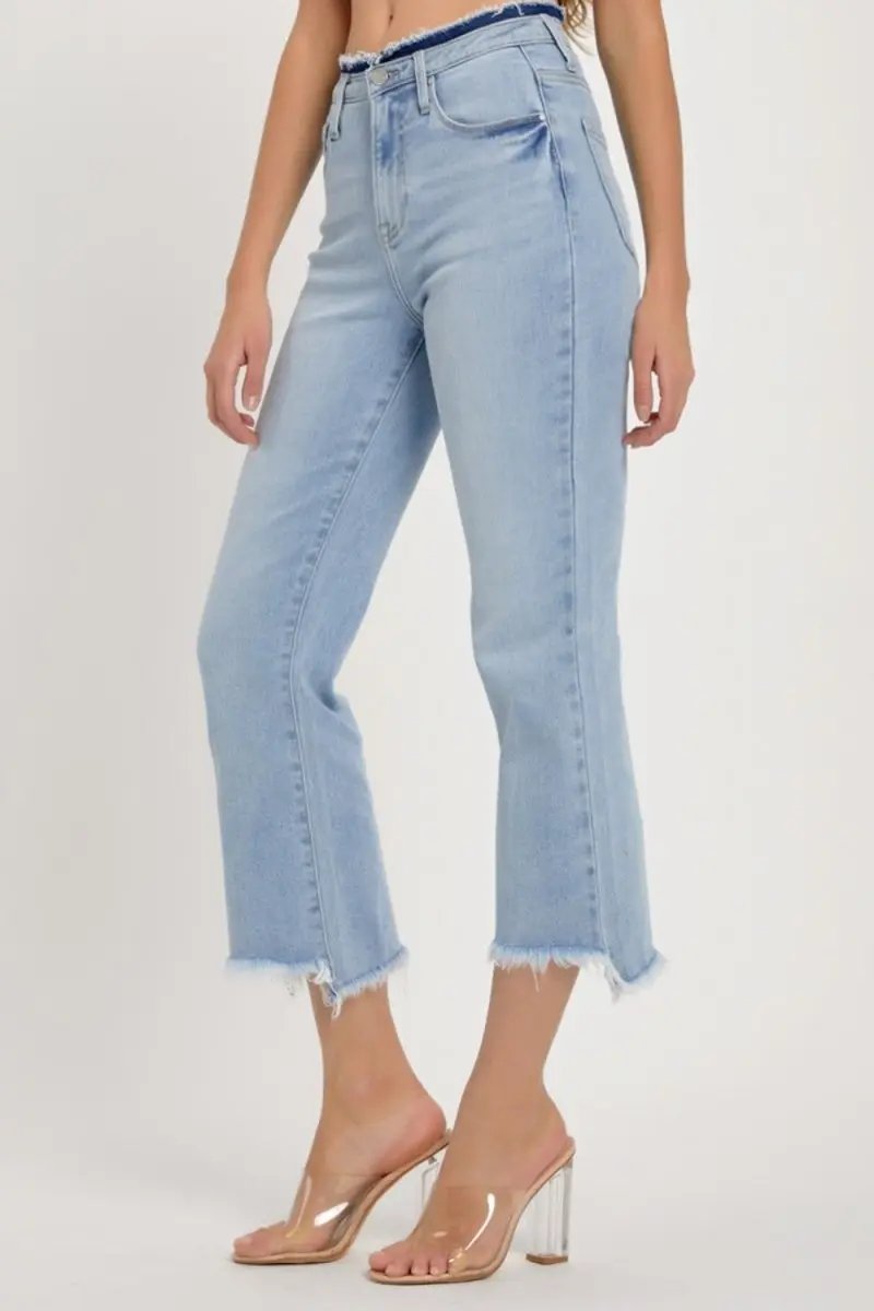 T-Shirts Trendsi RISEN High Rise Jeans Women's Casual Raw Hem Cropped Denim - USA Ship