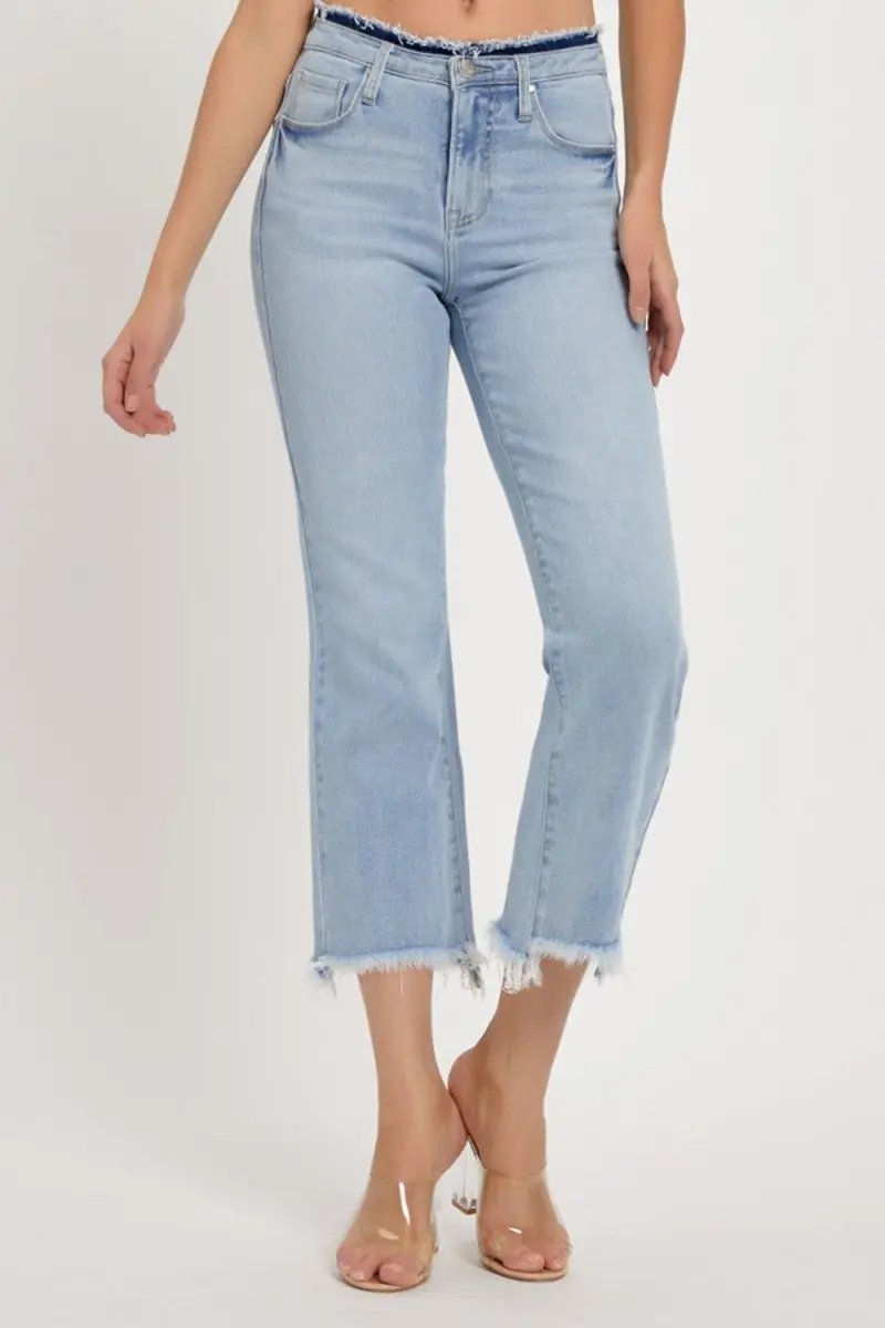 T-Shirts Trendsi RISEN High Rise Jeans Women's Casual Raw Hem Cropped Denim - USA Ship