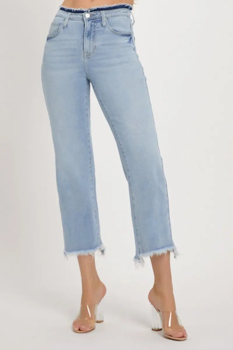 T-Shirts Trendsi RISEN High Rise Jeans Women's Casual Raw Hem Cropped Denim - USA Ship