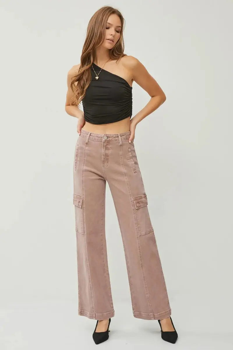 Trendsi Mauve Cargo Jeans High Rise Wide Leg
