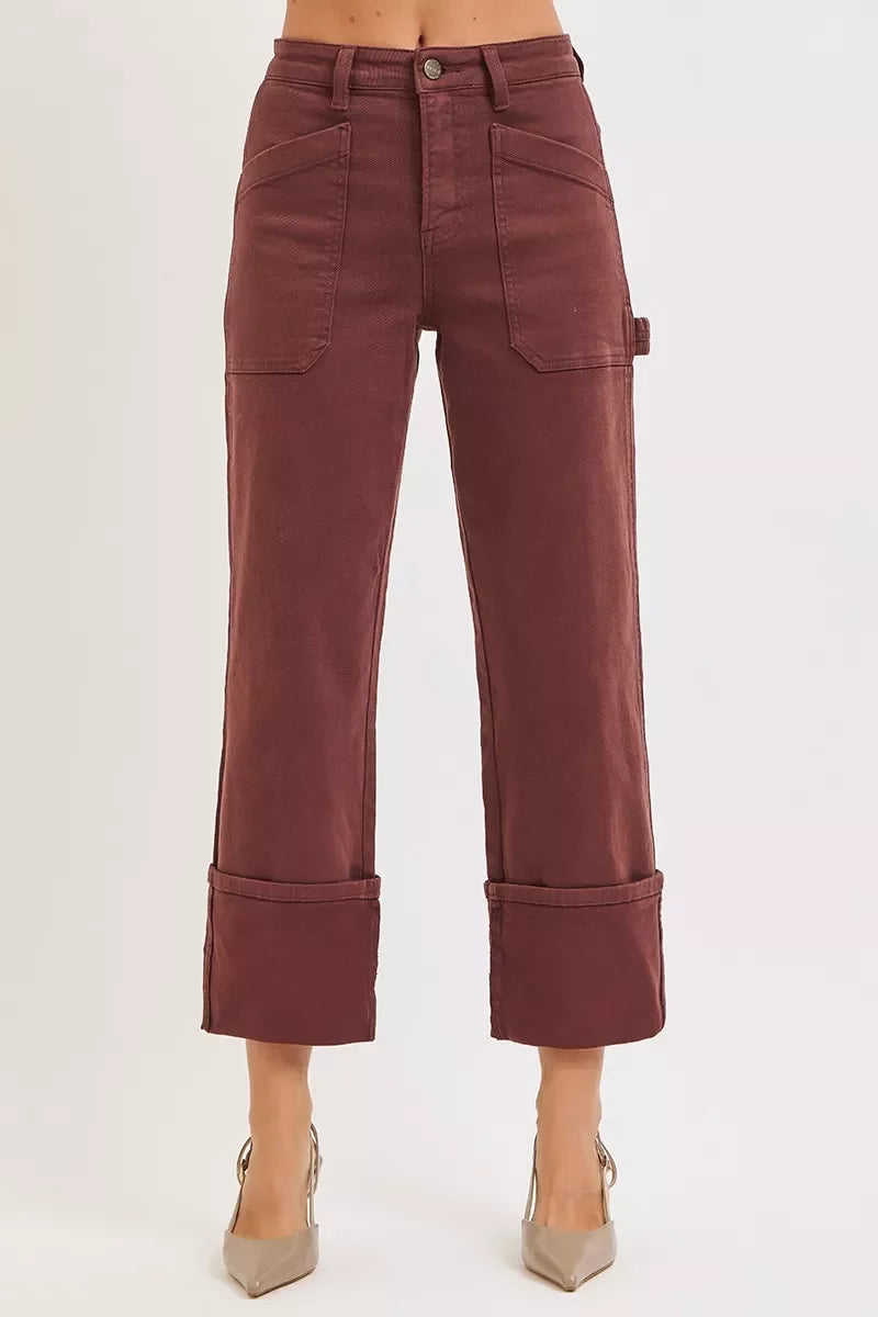 Brown High Rise Wide Straight Cuff Patch Jeans Regular and Plus Size