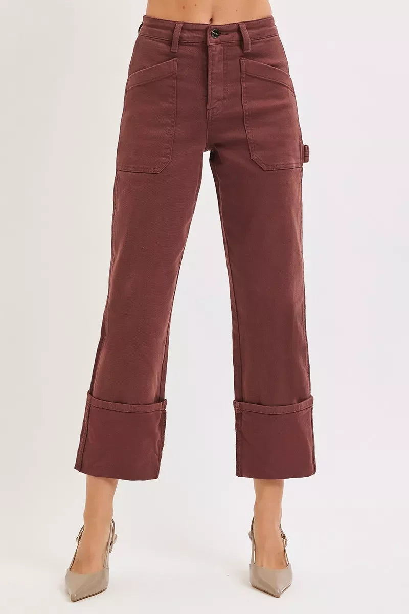 Brown High Rise Wide Straight Cuff Patch Jeans Regular and Plus Size