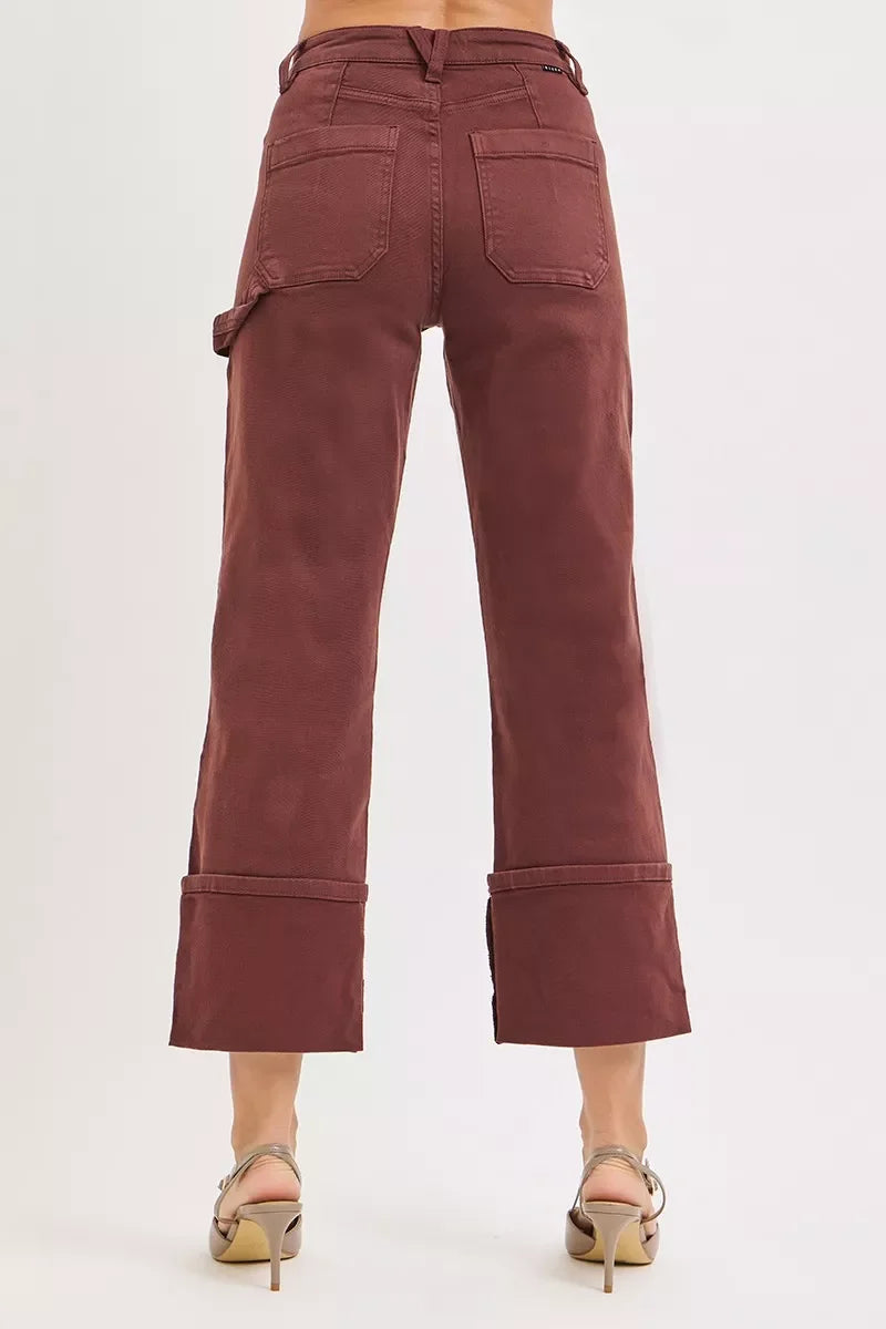 Brown High Rise Wide Straight Cuff Patch Jeans Regular and Plus Size