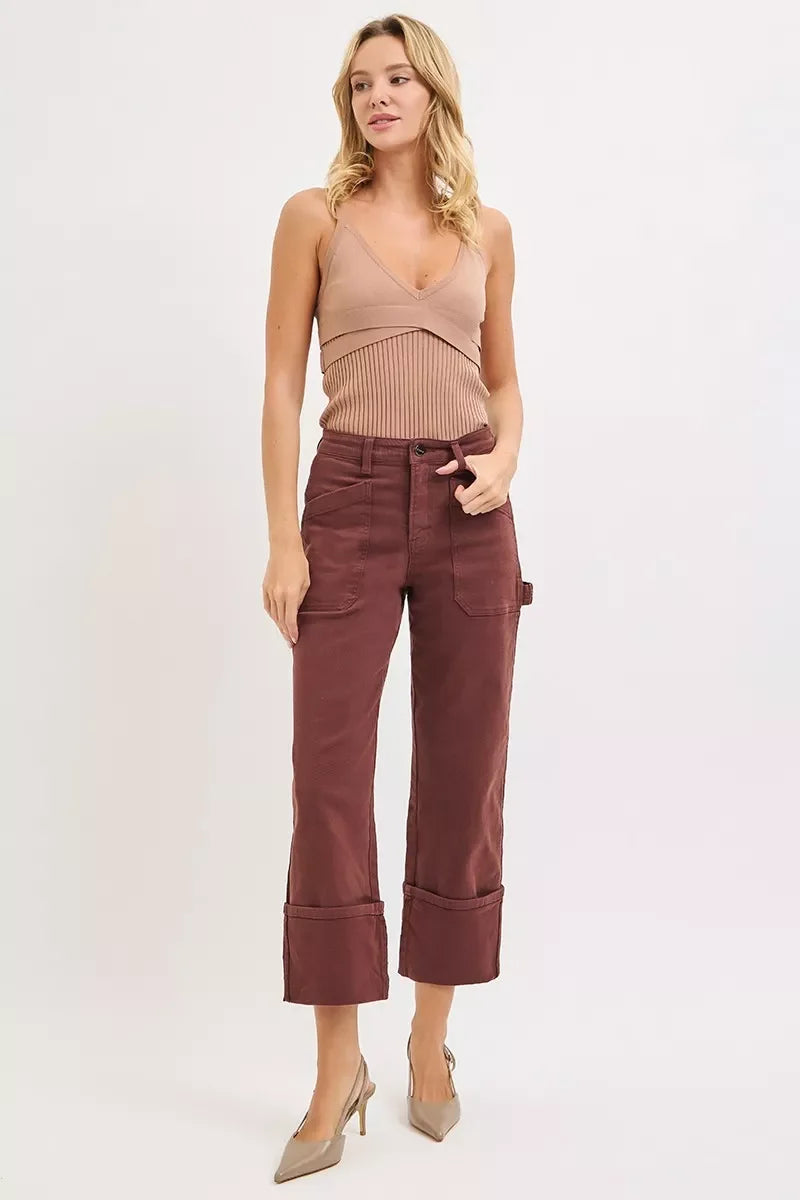 Brown High Rise Wide Straight Cuff Patch Jeans Regular and Plus Size