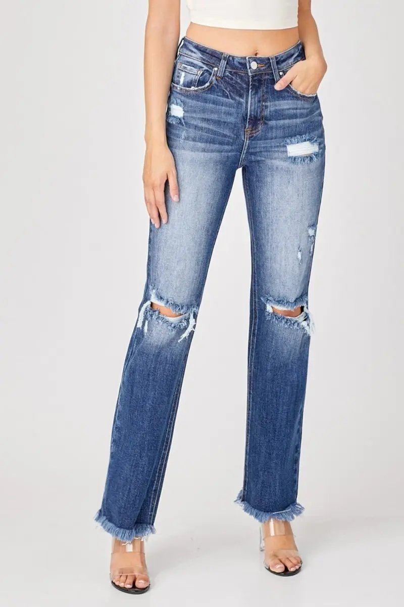 Women's Jeans - Raw Hem Distressed - Straight Leg Casual