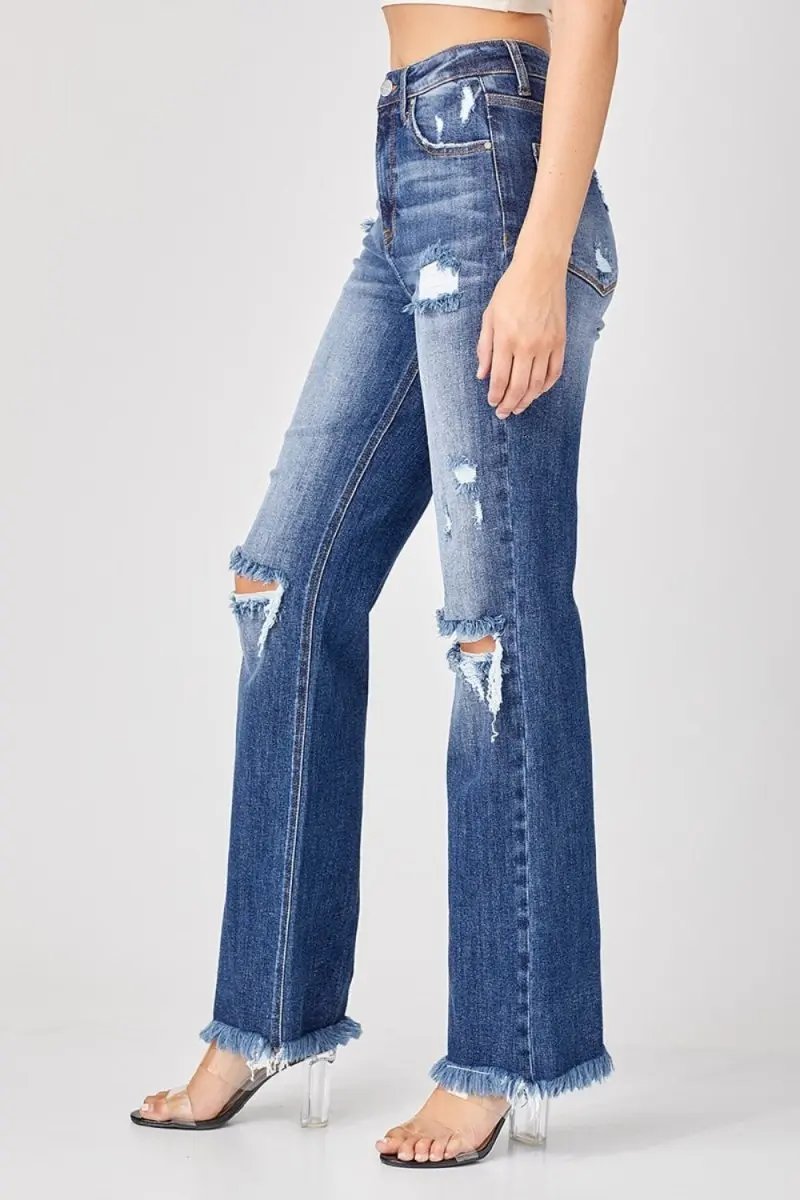 Women's Jeans - Raw Hem Distressed - Straight Leg Casual