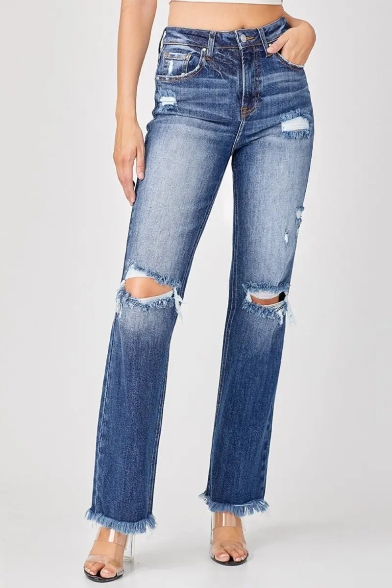 Women's Jeans - Raw Hem Distressed - Straight Leg Casual
