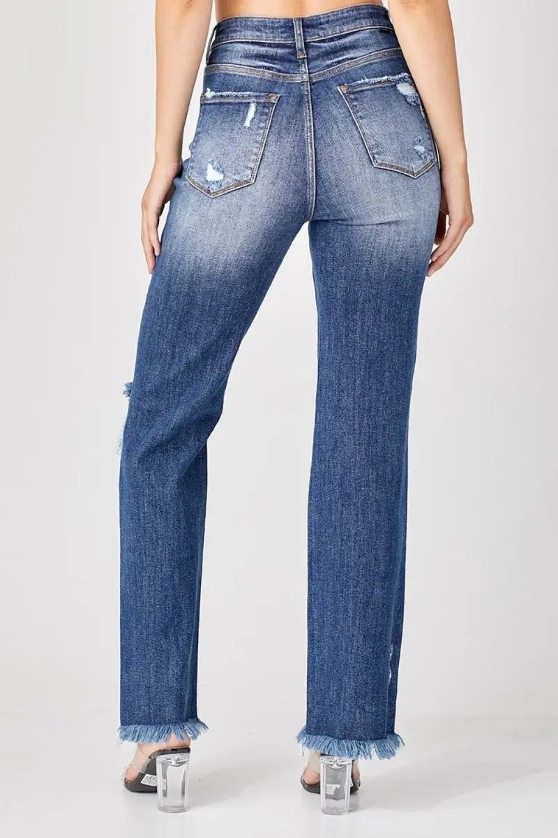 Women's Jeans - Raw Hem Distressed - Straight Leg Casual