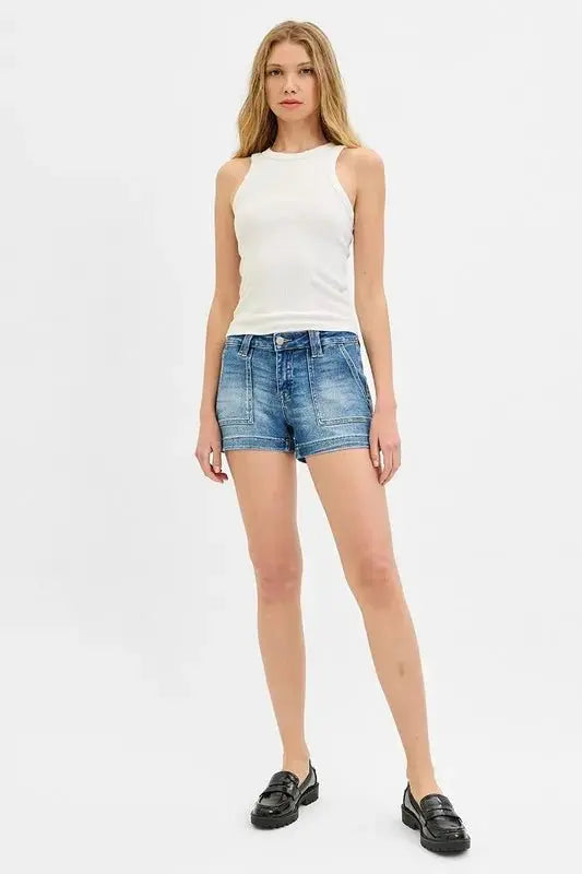Women's Denim Shorts Low Rise Patch Pocket | Trendsi