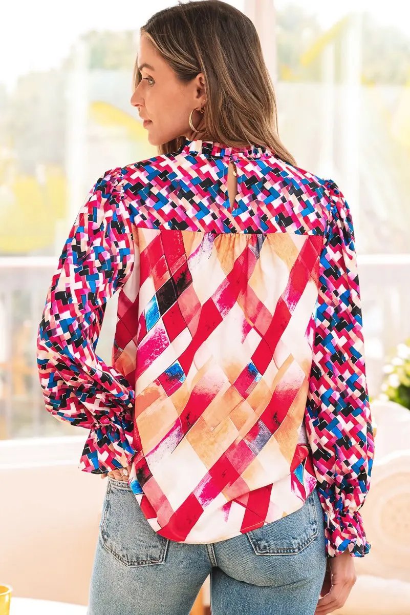 Accessories Love Salve Rose Red Blouse Women's Daily Wear Top Puff Sleeve Abstract Print Trendy