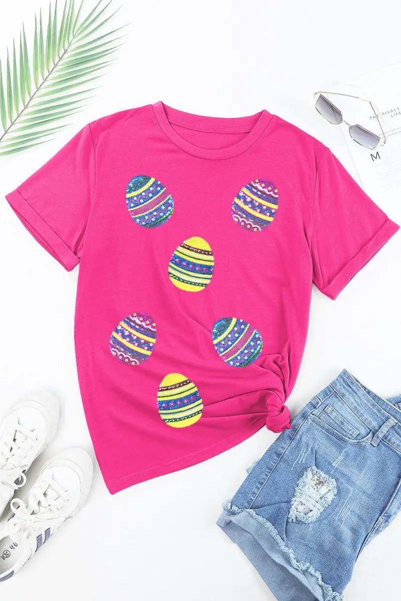 T-Shirts Love Salve Rose Red Sequin Easter Tee Women's Casual Summer T-Shirt - Sparkly & Festive