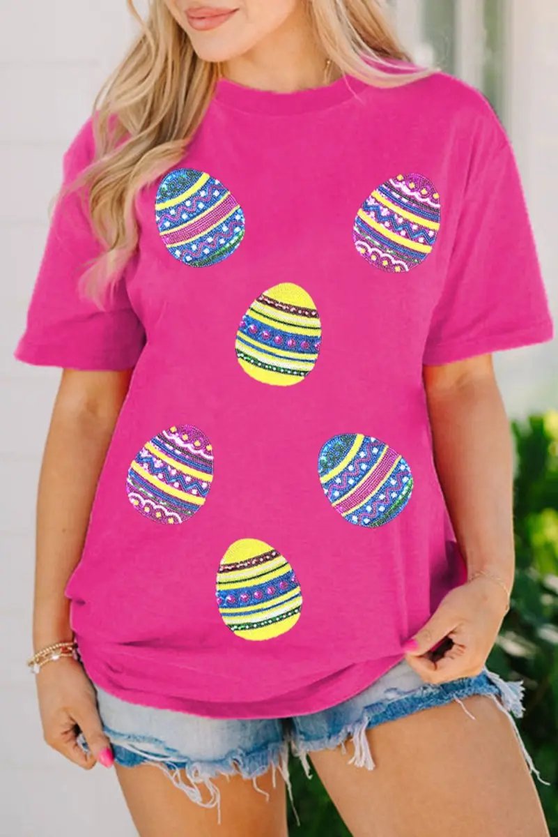 T-Shirts Love Salve Rose Red Sequin Easter Tee Women's Casual Summer T-Shirt - Sparkly & Festive