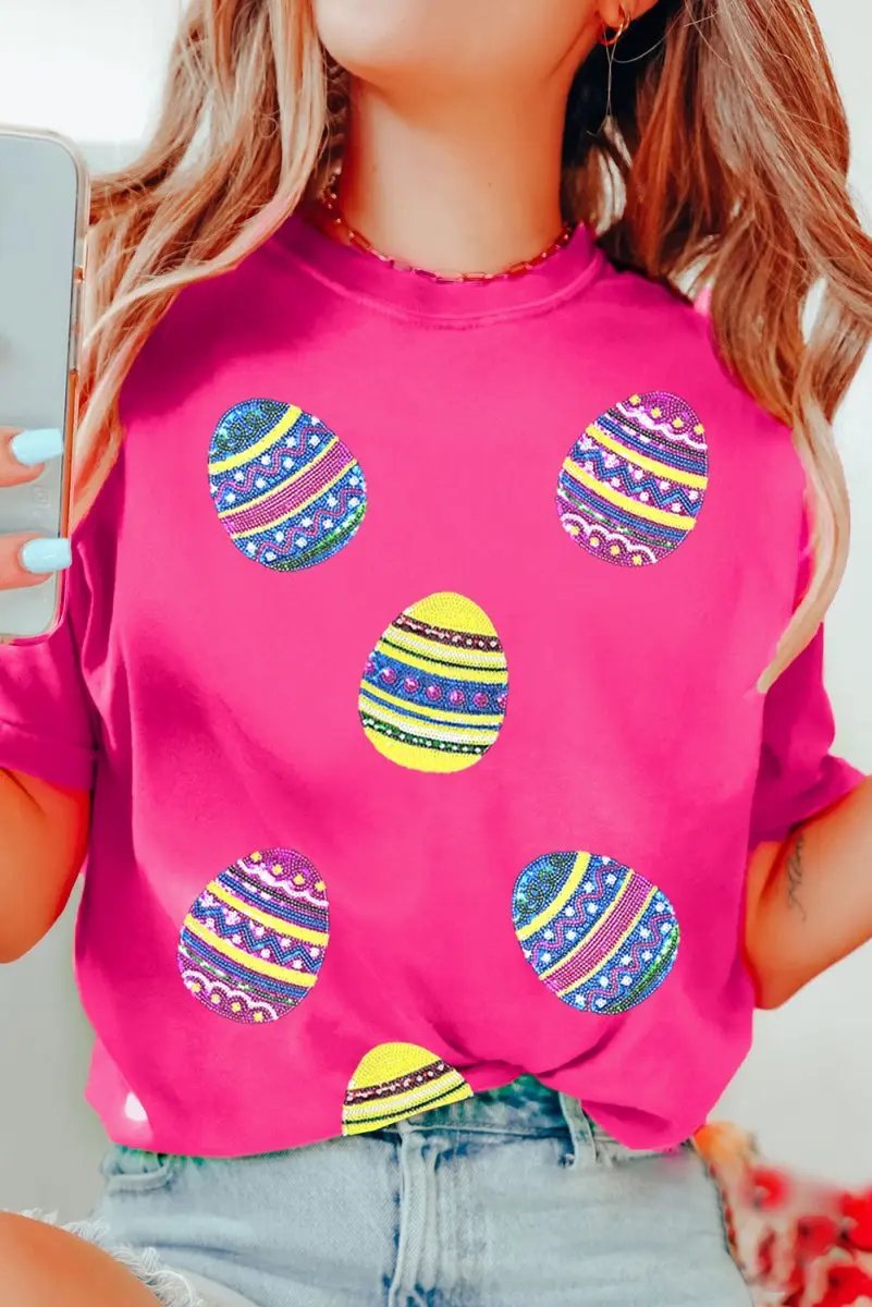 T-Shirts Love Salve Rose Red Sequin Easter Tee Women's Casual Summer T-Shirt - Sparkly & Festive